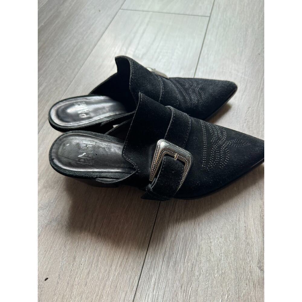 Paige Womens Size 6 Black Suede Western Buckle Bohemian Kensington Mules Heels - Picture 7 of 10